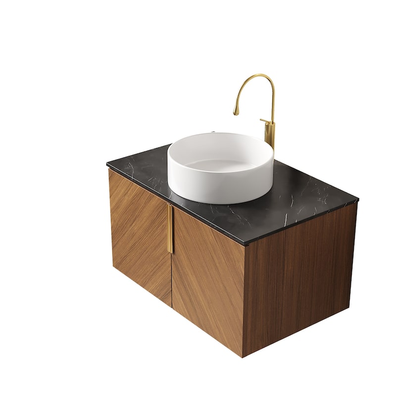 30"/60" Wall-Mounted Bathroom Vanity with Sintered Stone Countertop, Floating Bathroom Storage Cabinet, Round Ceramic Basin