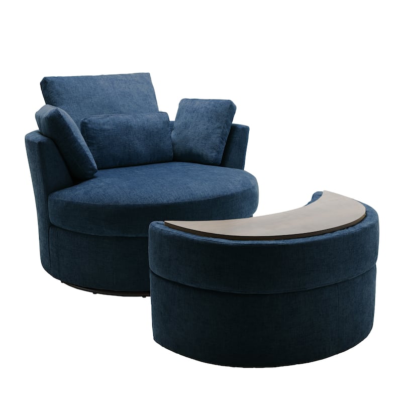 Upholstered Swivel Accent Chair with Wooden Tray Storage Ottoman