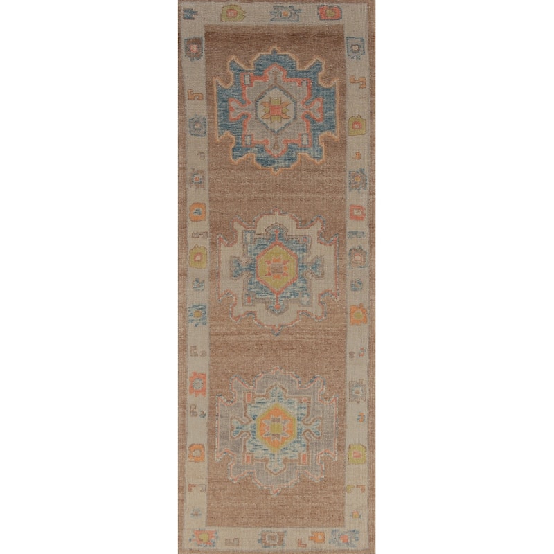 Hand Knotted Oriental 100% Wool Carpet Transitional Geometric Brown Oushak Runner Rug - 10' 2'' X 2' 11''