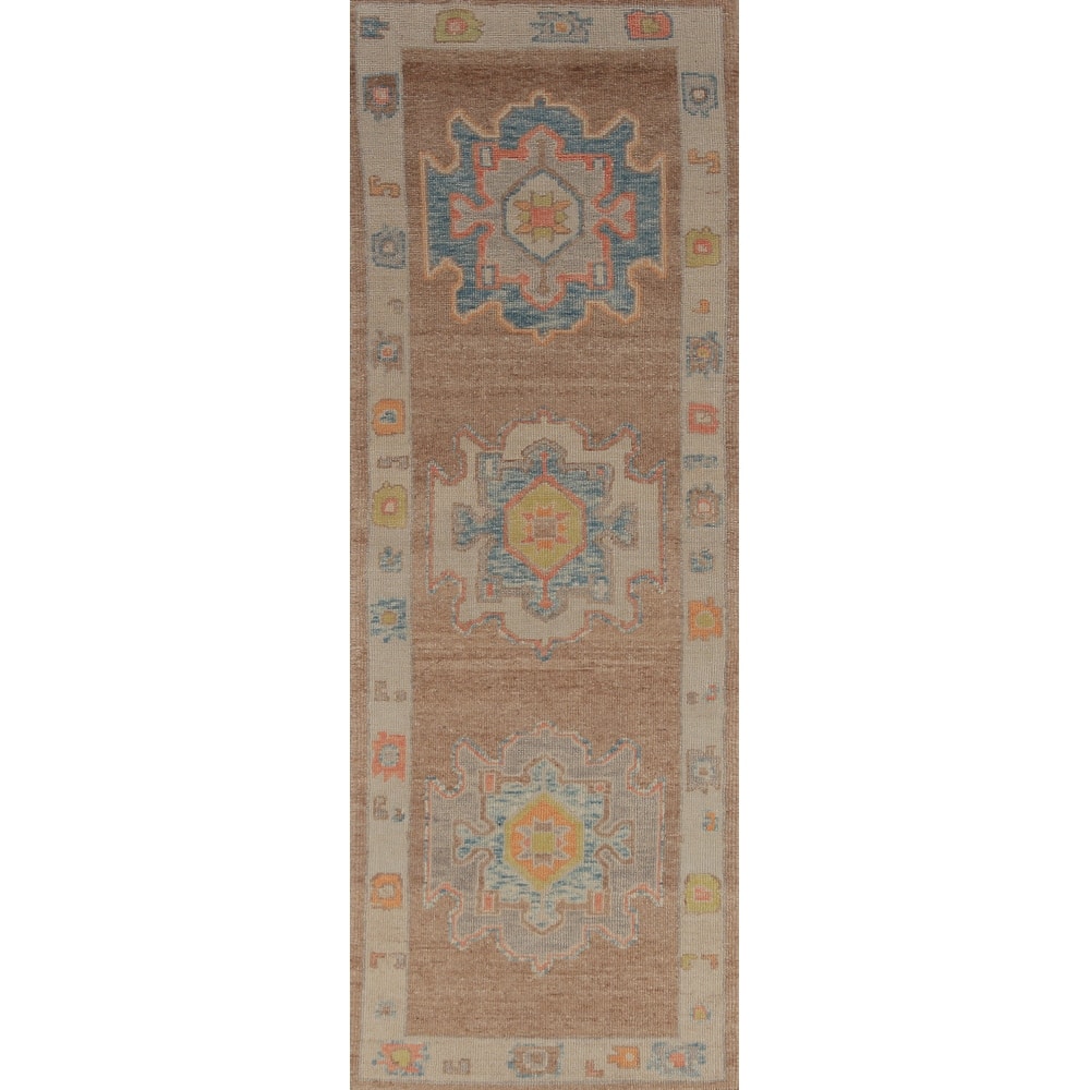 Hand Knotted Oriental 100% Wool Carpet Transitional Geometric Brown Oushak Runner Rug - 10' 2'' X 2' 11''