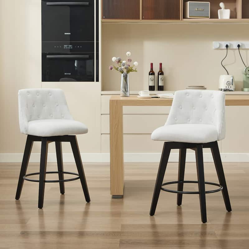25" Swivel Bar Stools Set of 2-Modern Counter Height Stools with Linen Upholstery&Button Tufted Back, Solid Wood Frame Barstools
