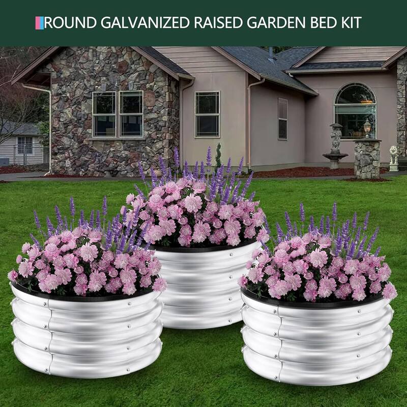 3 PCS Round Galvanized Raised Garden Beds Outdoor for Flower Herb Vegetable
