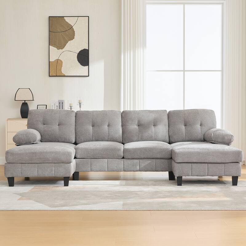 U-Shaped Modular Sectional Sofa with Dual Chaise Lounges, Chenille Fabric Cloud Couch with Storage Pockets & Armrest Pillows