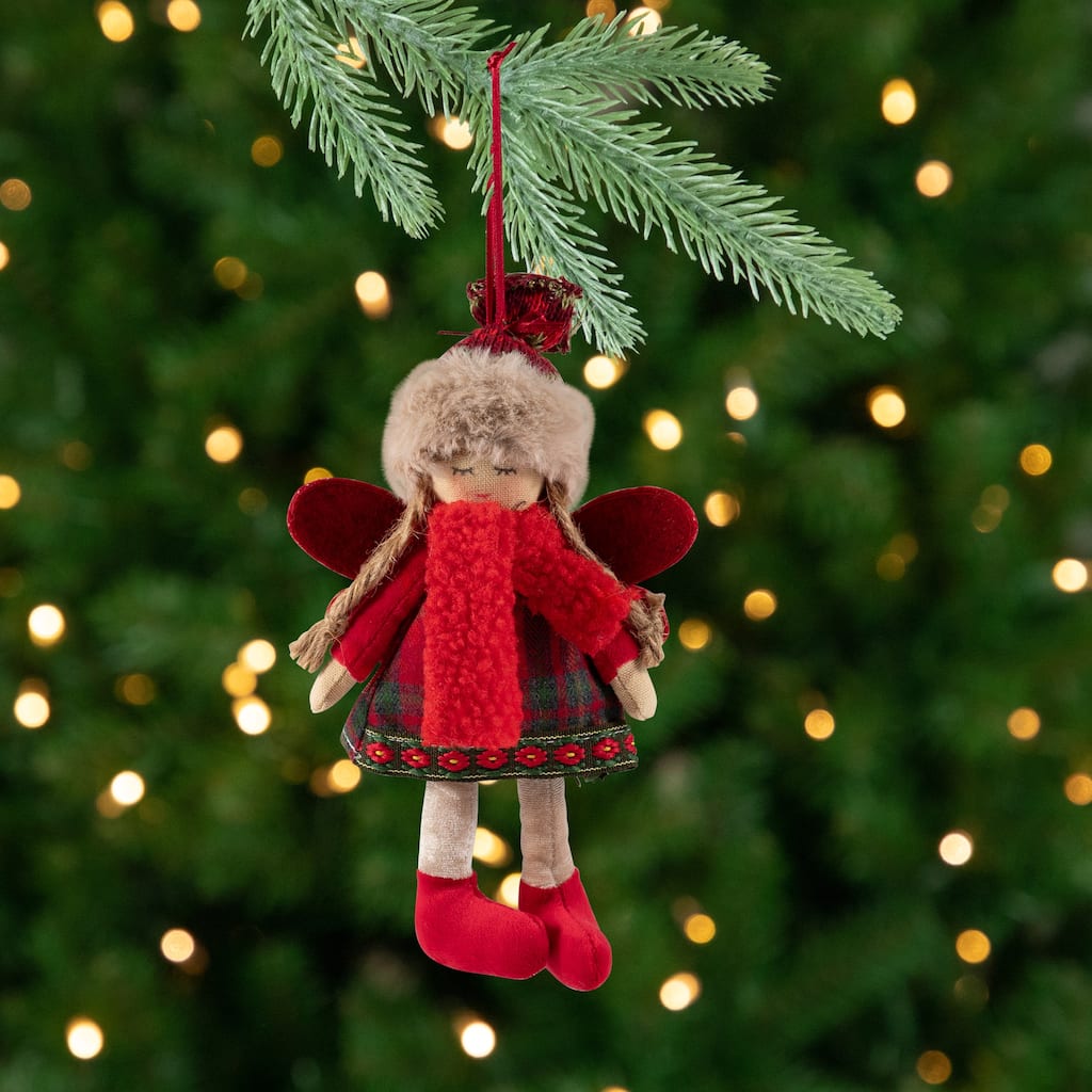 Plaid Angel Girl with Jute Pigtails Christmas Ornament - 8.5" - Red and Beige