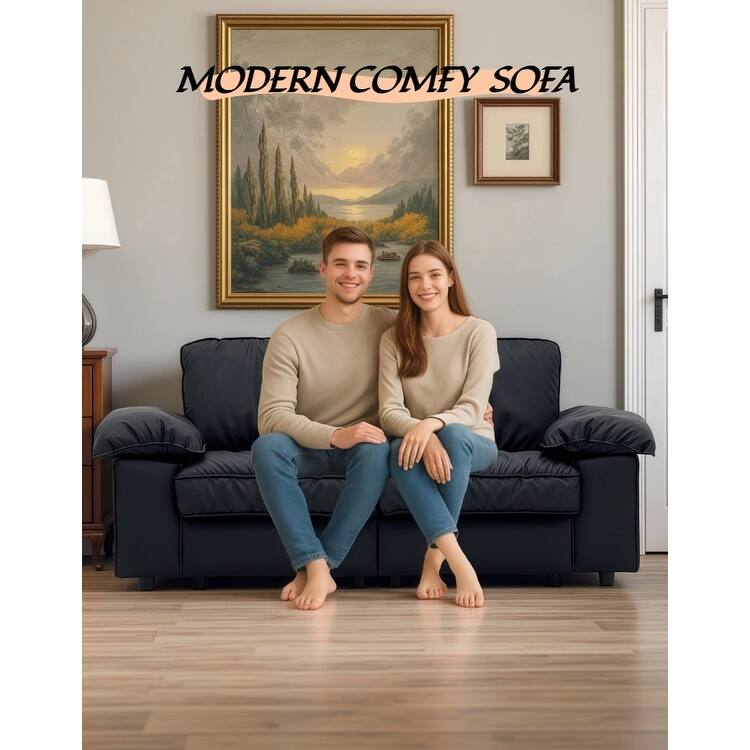 Leather Compact Sofa Couch with Hidden Storage, Minimalist 2-Seater Loveseat Sofa Couch with Pillow Armrests