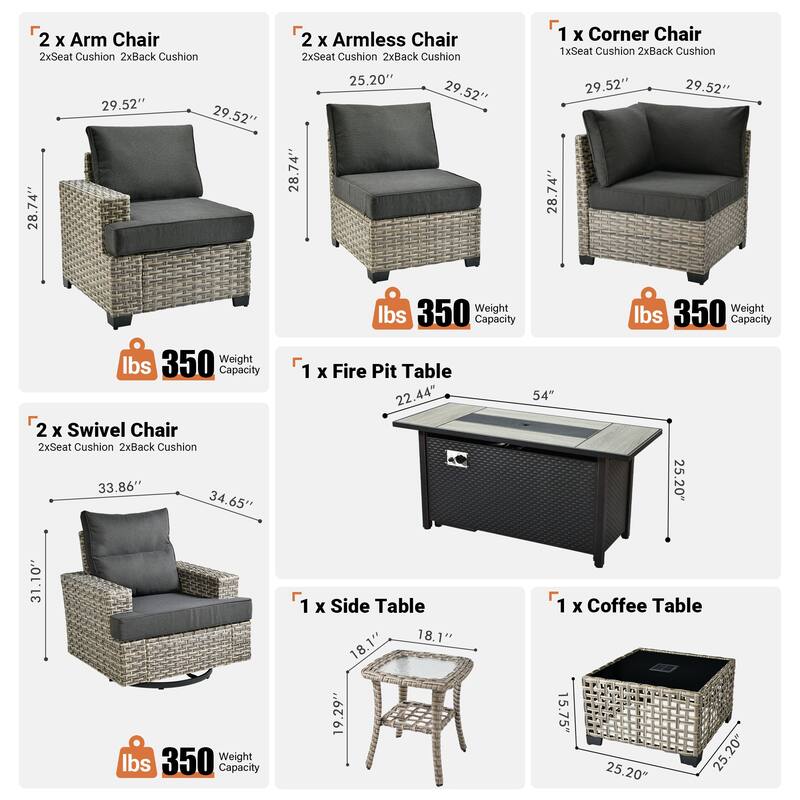 OVIOS 10 Pieces T shaped Seat Wide Armrest Swivel Chair Set With Solar-Powered Table&Fire Pit