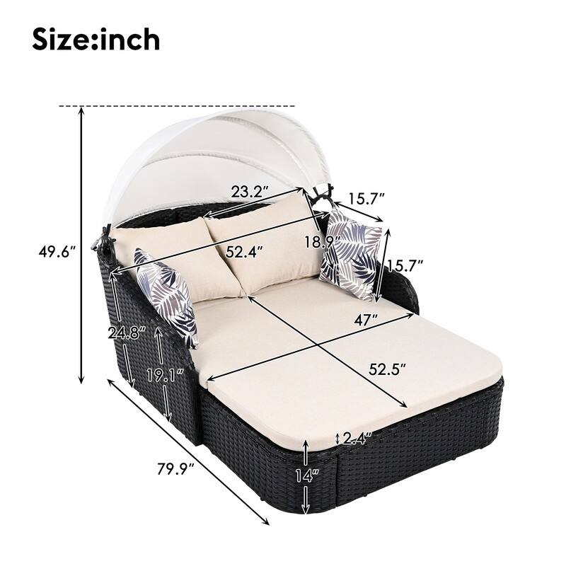 Outdoor PE Rattan Daybed Sunbed with Adjustable Canopy, Double lounge