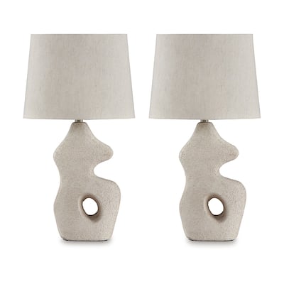 26 Inch Table Lamp Set of 2, Beige Sculptural Base, Empire Fabric Shade