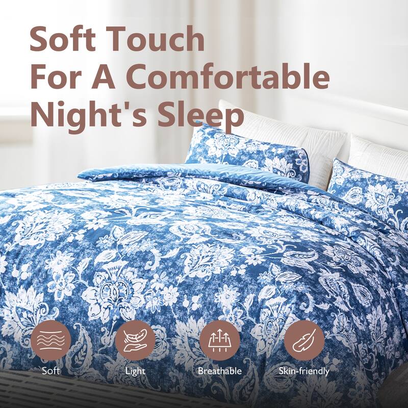 3-Piece 100% Cotton Comforter Set, Flower Pattern Printed Comforter and 2 Pillowcases for All Season