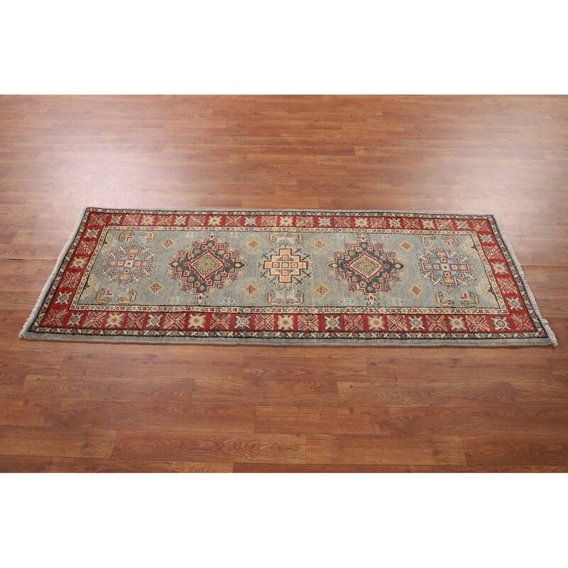 Geometric Kazak Oriental Runner Rug Hand-Knotted Grey Wool Carpet - 2'3" x 5'11"