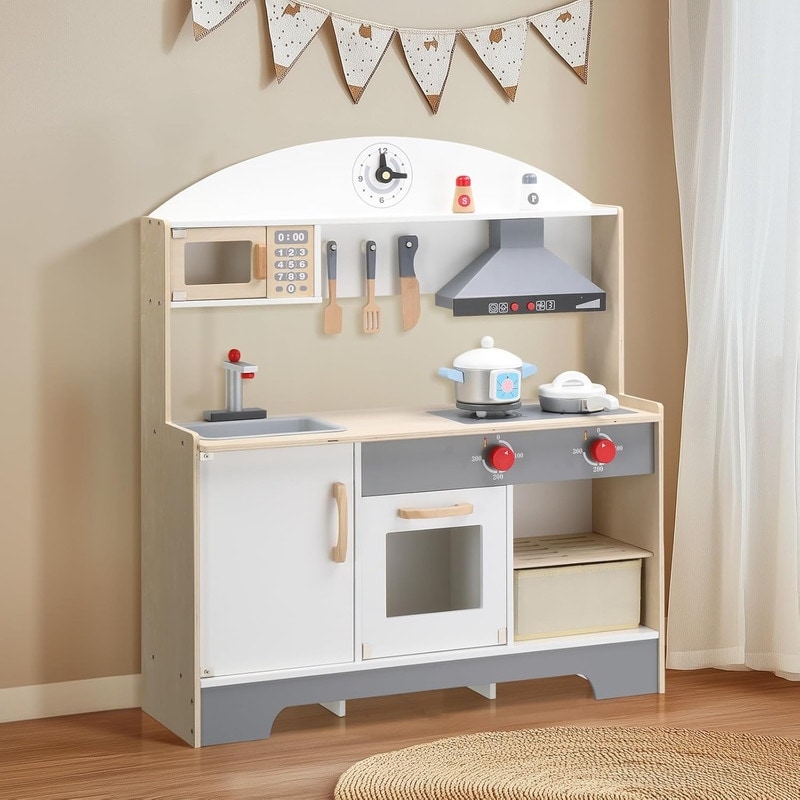 Wooden Play Kitchen with Toy Kitchen Sink, Oven, Microwave