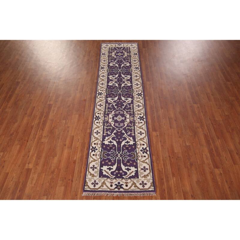 Purple & Ivory Oushak Indian Runner Rug Hand-Knotted Wool Carpet - 2'6"x 9'8"