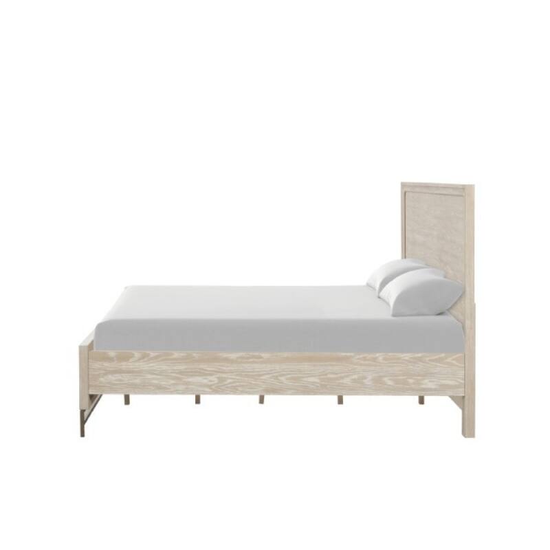 Rozie King Bed with Panel Style Headboard, Metal Legs, Light Oak Wood