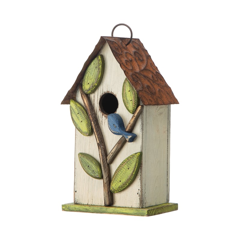 Glitzhome 10"H Multicolor Cute Distressed Solid Wood Birdhouse with 3D Flowers - Green/Off-White