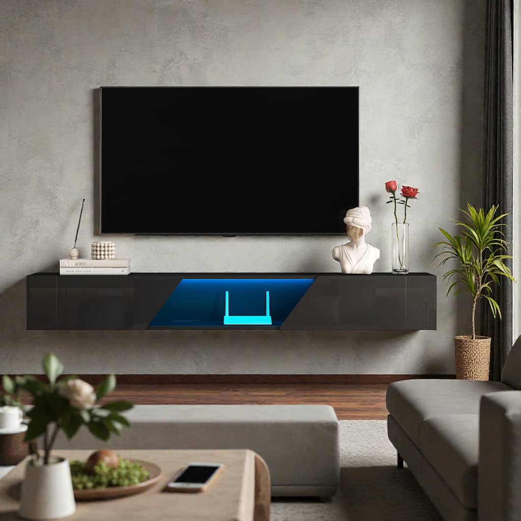69" Floating TV Stand with 16-Color LED Lights, Wall Mounted Modern Media Console for 55-65 Inch TVs, High Gloss Cabinet