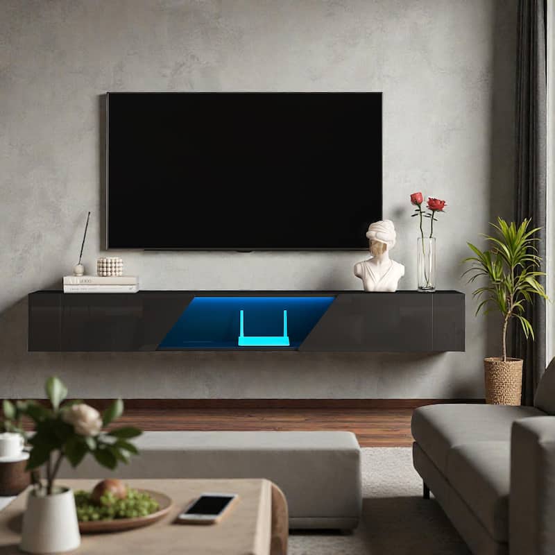 69" Floating TV Stand with 16-Color LED Lights, Wall Mounted Modern Media Console for 55-65 Inch TVs, High Gloss Cabinet - Black