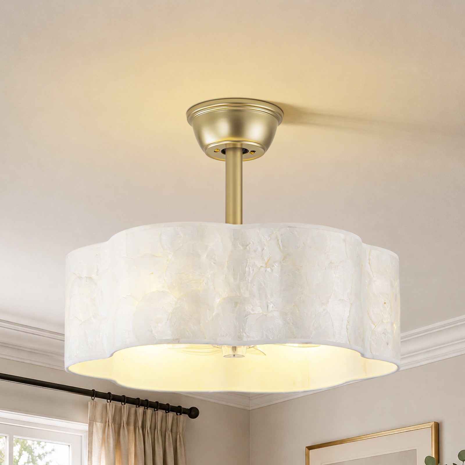 Rennnsan 6-Light Gold Capiz Shell Ceiling Fan Light, 6-Speed DC Motor, with Remote Control, for Bedroom, Living Room
