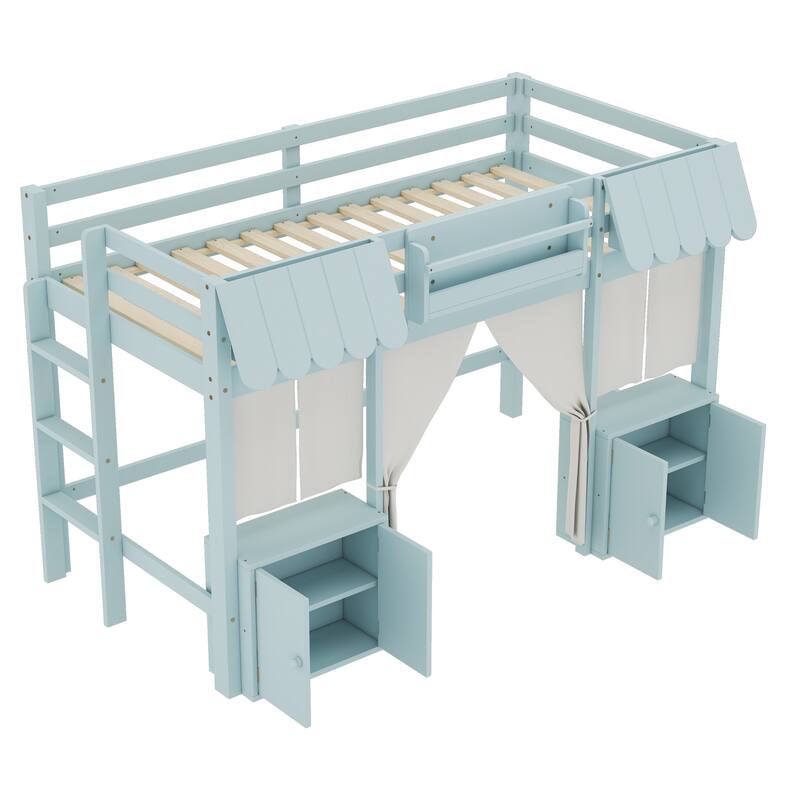 Twin Loft Bed with Built-in Bookshelf, Curtain, and Storage Shelf Amusement Park-Inspired Playful, Blue