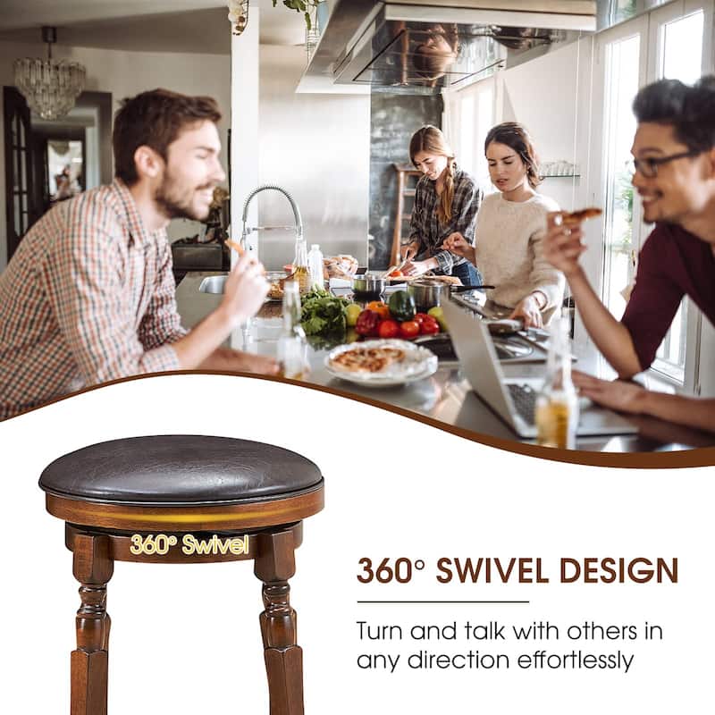 Bar Stools Set of 2 Swivel Barstools 24" Counter Height Bar Stools Backless Solid Wood Chairs with Faux Leather Seat,