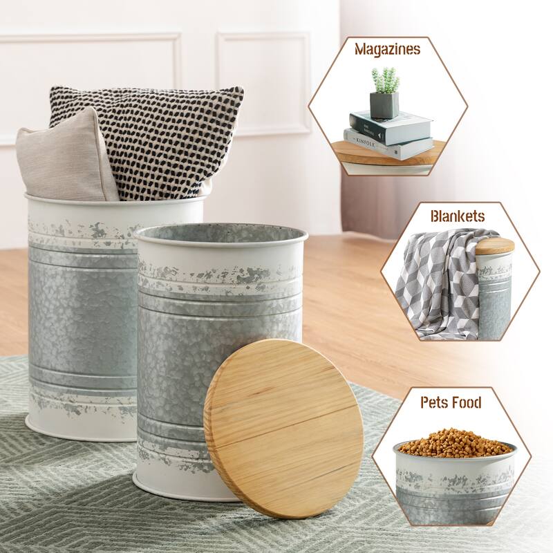 Glitzhome Industrial Farmhouse Round Storage Side Tables (Set of 2) - Dark Grey