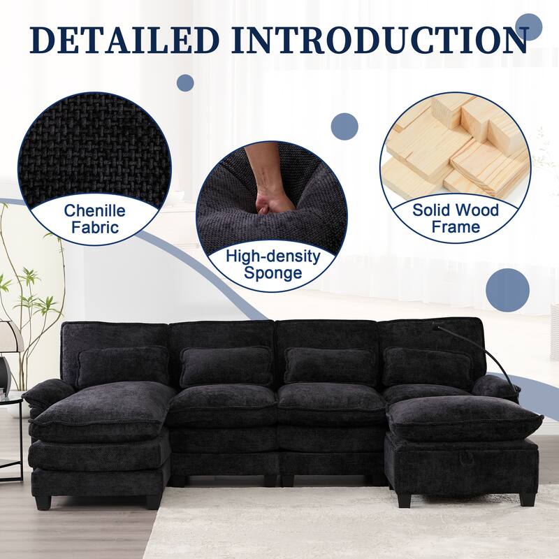 Chenille U-shape Sectional Sofa with Chaise and Storage Ottoman, Modular Couch with USB/Type-C Ports, Side Pockets, Phone Holder