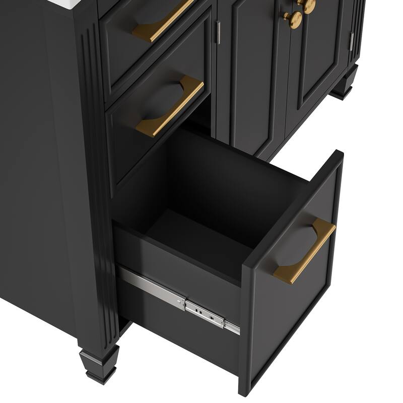 Roomfitters Bathroom Vanity with Sink, Ceramic Basin with One Tip-out Drawer, Three Side Drawers and Adjustable Shelf