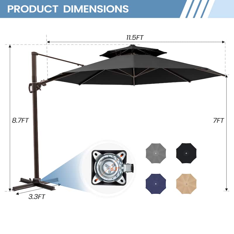11 ft Outdoor Aluminum Dual Top Solar Powered LED Lighted Patio Cantilever Umbrella and Weighted Base
