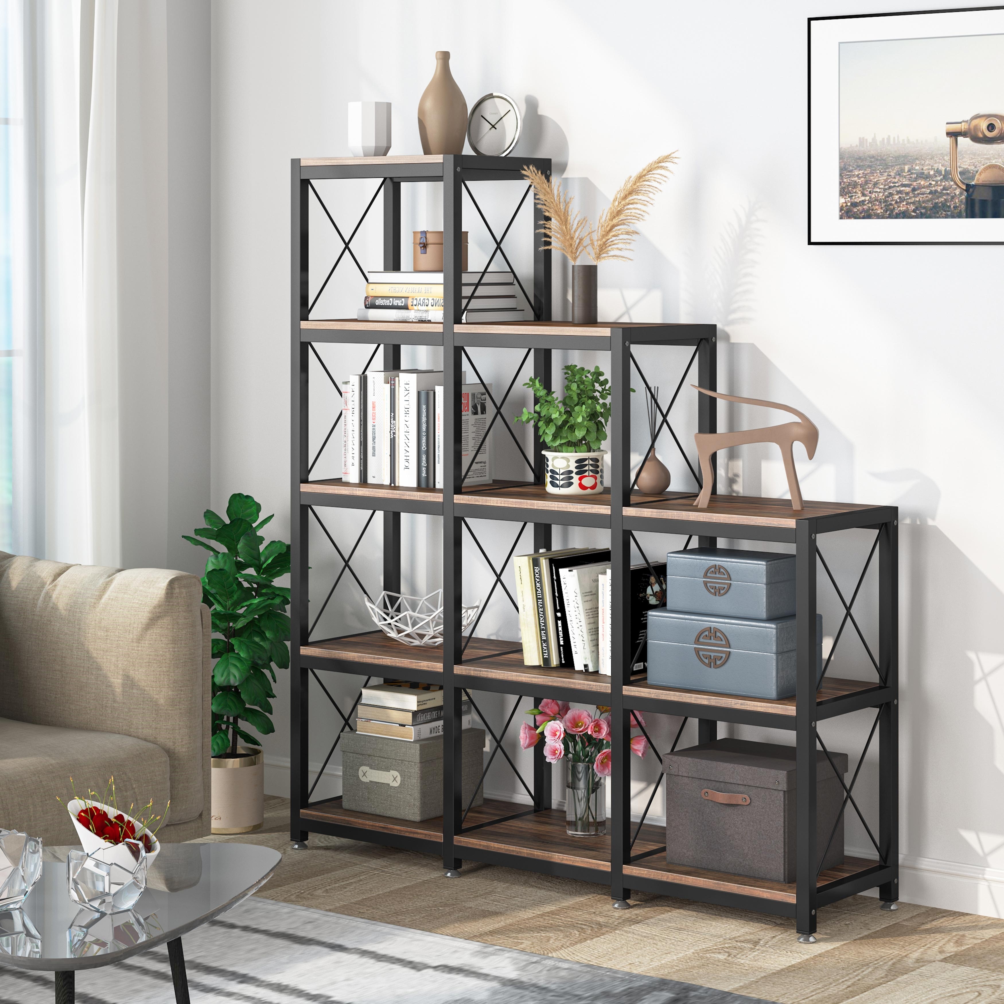 Brown/ Black Industrial 12-shelf Ladder Bookshelf, White Modern 9 Cubes Stepped Etagere Display Bookcase