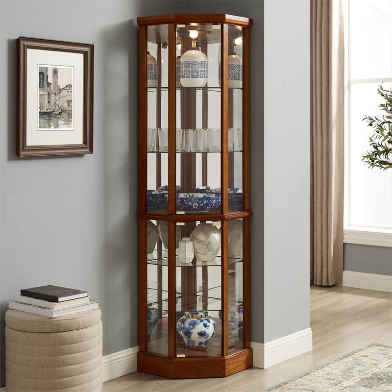 6 Shelf Lighted Display Cabinet with Adjustable Shelves (No E26 Bulb) - Walnut