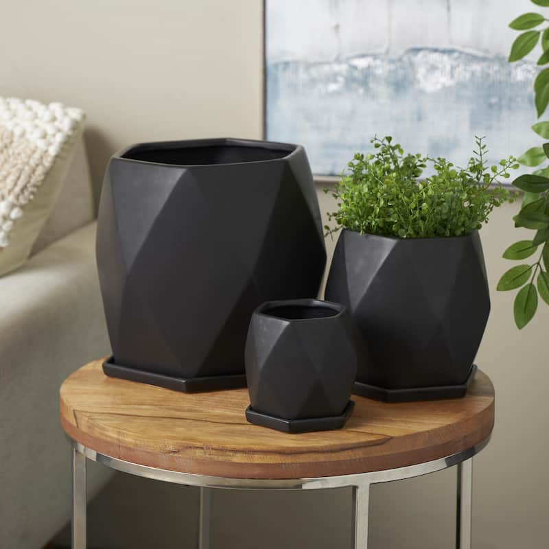Ceramic Geometric Patterned Indoor Outdoor Planter with Attached Saucer - Set of 3 Black or White- Roche River Decor