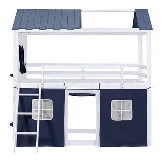 White+Blue Twin Over Twin Playhouse Bunk Bed, Kids Loft Bed w/ Tent