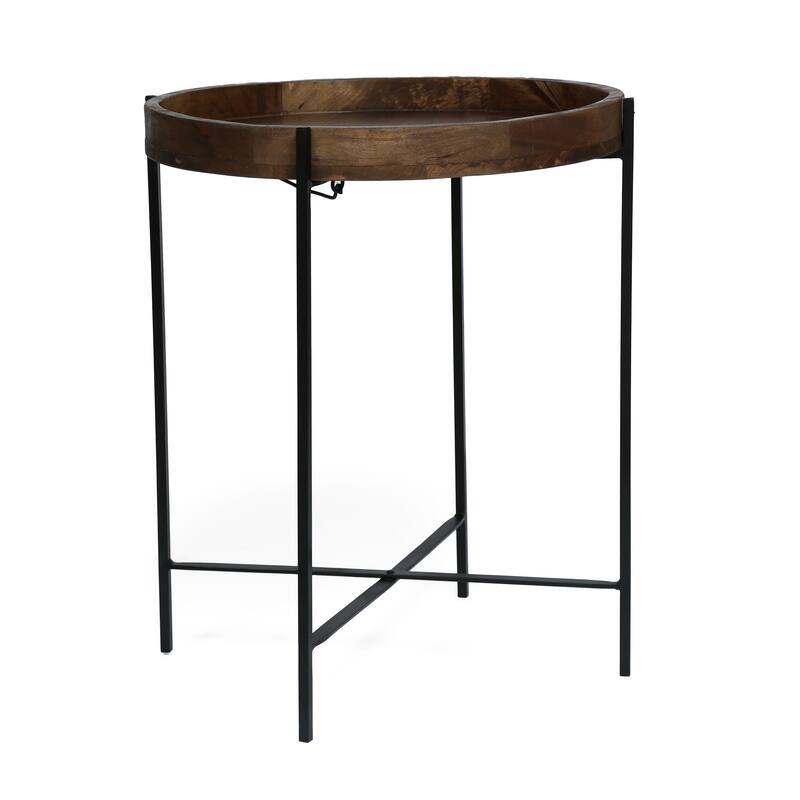 22" Modern Round End Table with Faux Live Edge and Toothpick Legs for Entryway and Living Room