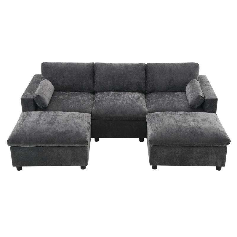 U-Shaped Sectional Sofa with Removable Ottomans, Convertible Sleeper Bed with Storage Pockets, Chenille Upholstered Cloud Couch