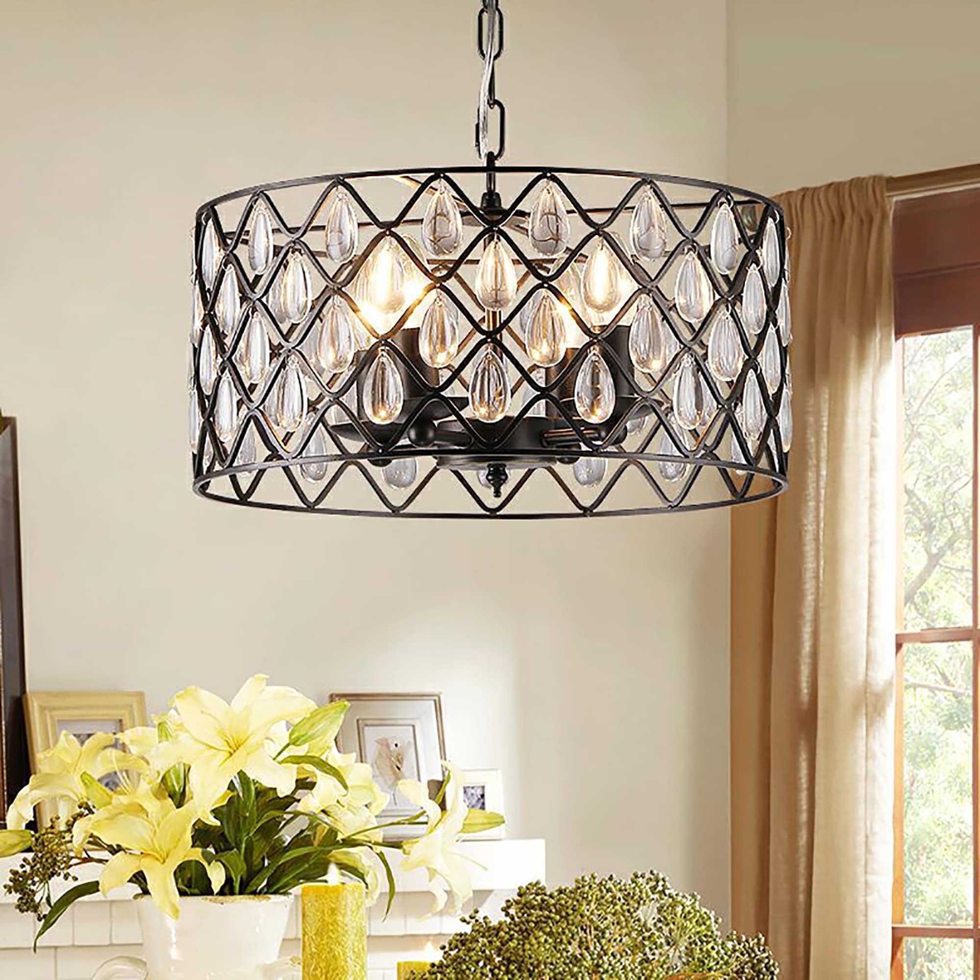 16-in Round Black Metal and Glass Light Pendant