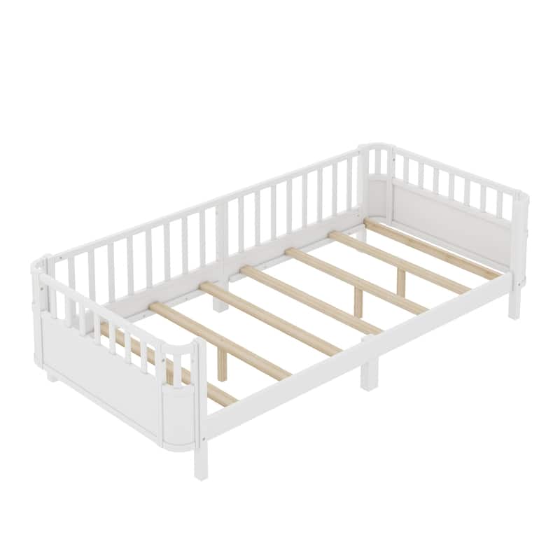 Multi Size Low Platform Bed for Kids with Rounded Corners Guardrails, Detachable Right-side Fence and Open Left-side Design