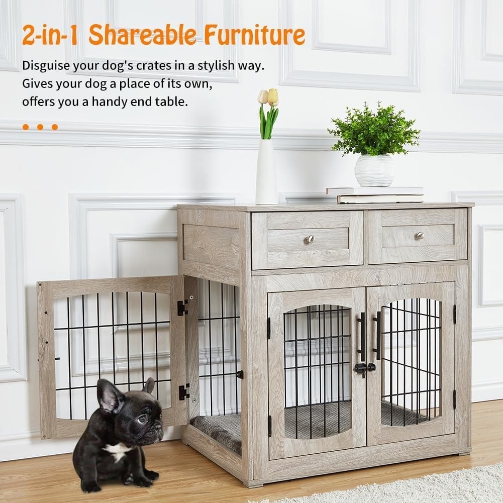 31.5 in.W Indoor Wooden Dog House End Table Dog Crate with 2 Drawers and Cushion On Sale Bed Bath Beyond 40963631