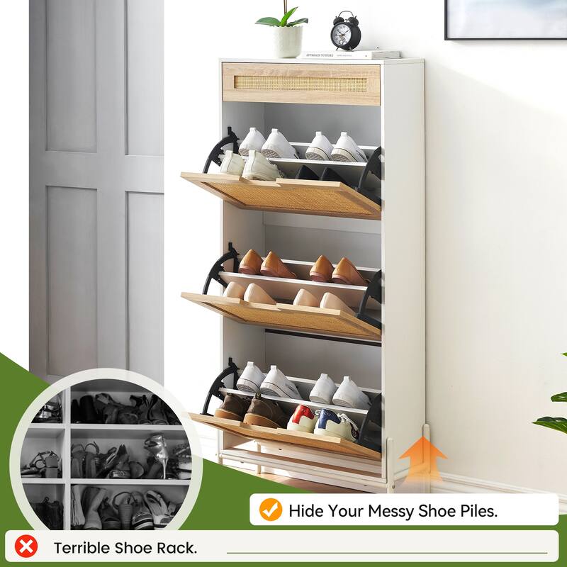 Rattan Storage Cabinet with 3 Flip Drawers