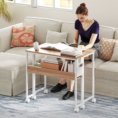 HOMCOM Small Folding Desk, Rolling Computer Desk Foldable with Storage Bag and Shelf, 31.5" Portable Writing Table on Wheels