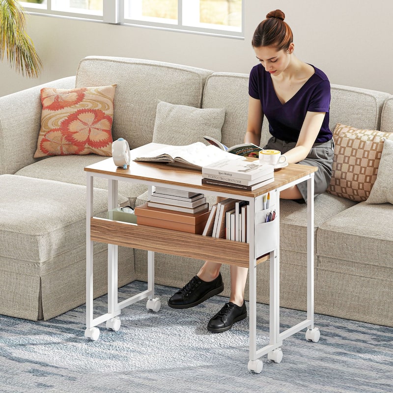 Mobile Foldable Desk with Storage Shelf and Drop-Leaf Design for Narrow Spaces and Home or Office