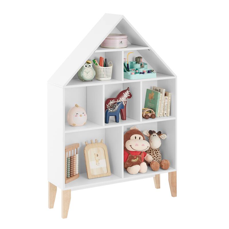 Danya B. Steiner White Dollhouse 8-Compartment Kids Book or Toy Figure Display Unit Freestanding Bookshelf with Beech Legs