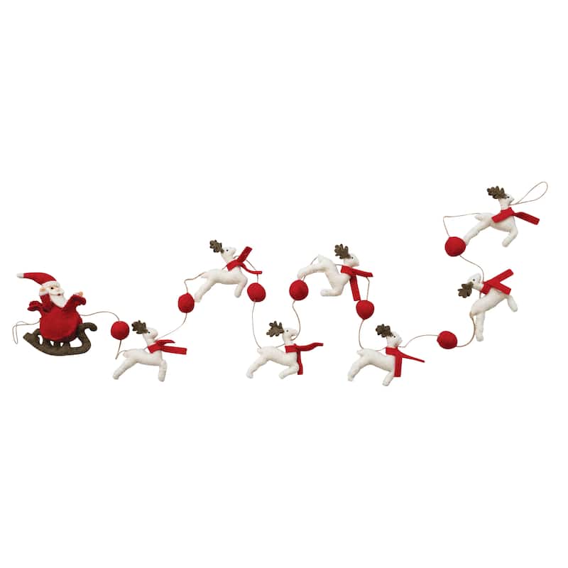 Handmade Wool Felt Santa in Sleigh and Reindeer Garland with Pom Poms and Jute Cord - 72.0"L x 1.5"W x 6.0"H - Cream;Red;Brown