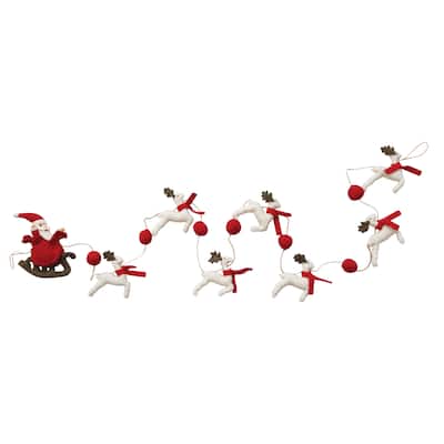 Handmade Wool Felt Santa in Sleigh and Reindeer Garland with Pom Poms and Jute Cord - 72.0"L x 1.5"W x 6.0"H