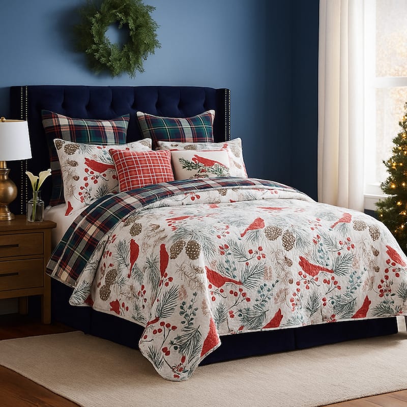 Coro 2pc Twin Size Quilt Set, Red White Christmas Cardinal Polyester