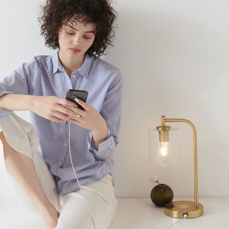 Brightech Elizabeth 16 in. Antique Brass Modern LED Desk Table Lamp with Built-In USB Port and Wireless Charging Pad (2-Pack)