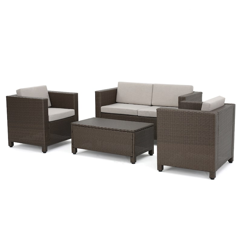 Puerta Outdoor 4-piece Patio Chat Set by Christopher Knight Home - brown wicker with ceramic grey cushions