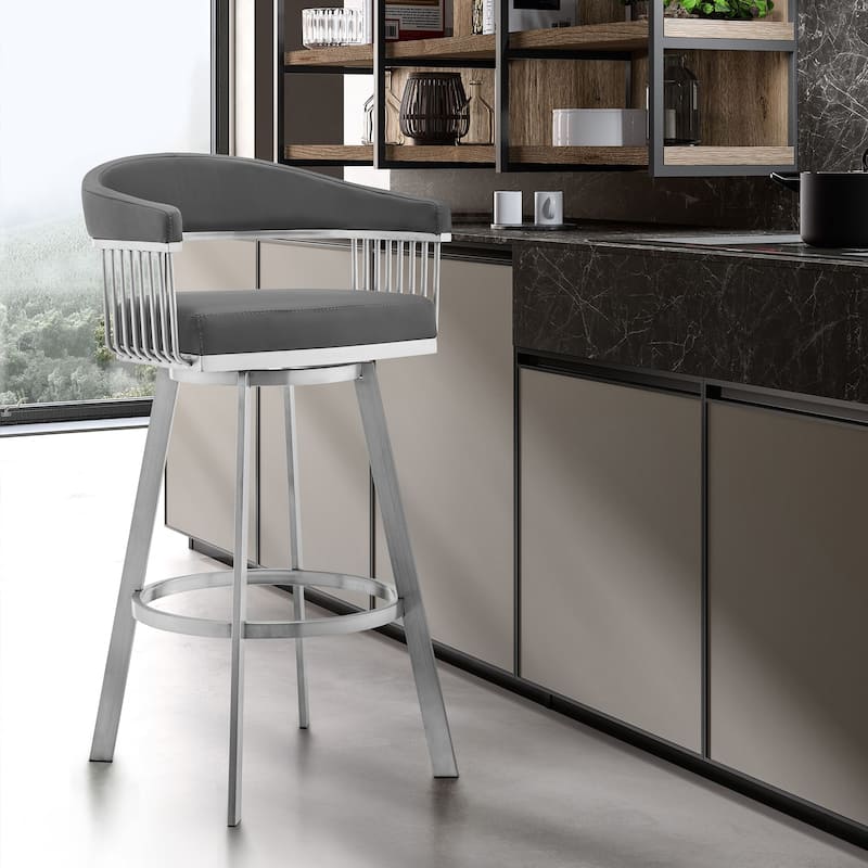 Bronson Brushed Stainless Steel Upholstered Bar Height Swivel Stool with Arms - Grey - Bar Height