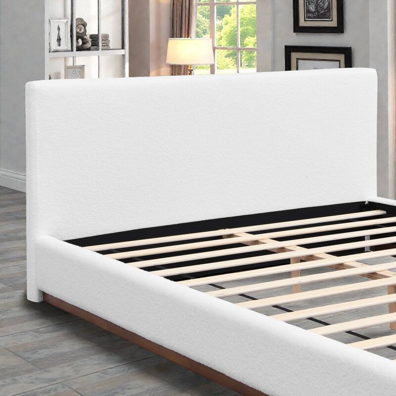 White Fabric Upholstered Bed with Boucle Headboard and Solid Wood Grain Base Frame, No Box Spring Needed