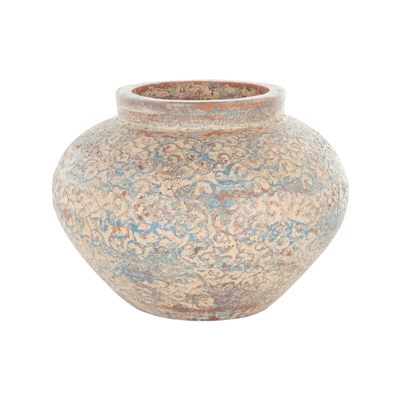 Beige Ceramic Handmade Antique Style Wide Rounded Scroll Decorative Vase with Blue and Copper Accents