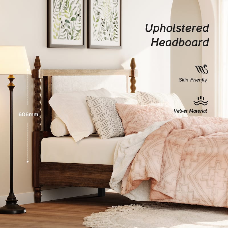 WAMPAT Vintage Queen Bed Frame – Solid Wood 4-Poster with Upholstered Headboard, No Box Spring Needed