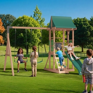 EROMMY 4‑in‑1 Outdoor Playset – Wood Swing Set with Slide, Climbing Wall & Adjustable Swings, Backyard Playground for Kids
